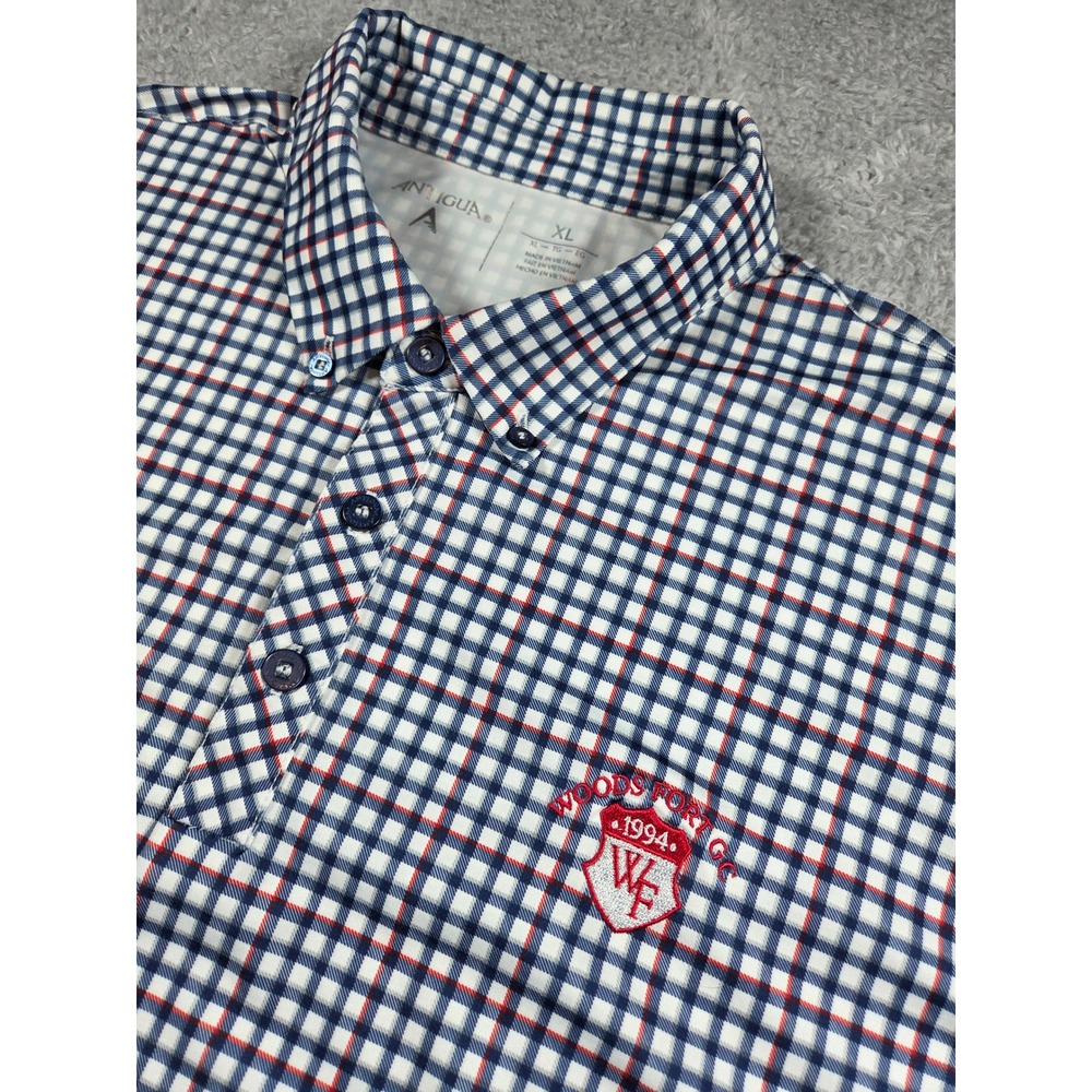 Antigua Polo Shirt XL Blue White Red‎ Mens Woods Fort GC Windowpane Check Golf
